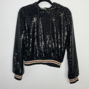 Susy Mix sequins ribbed stripes trim hoodie